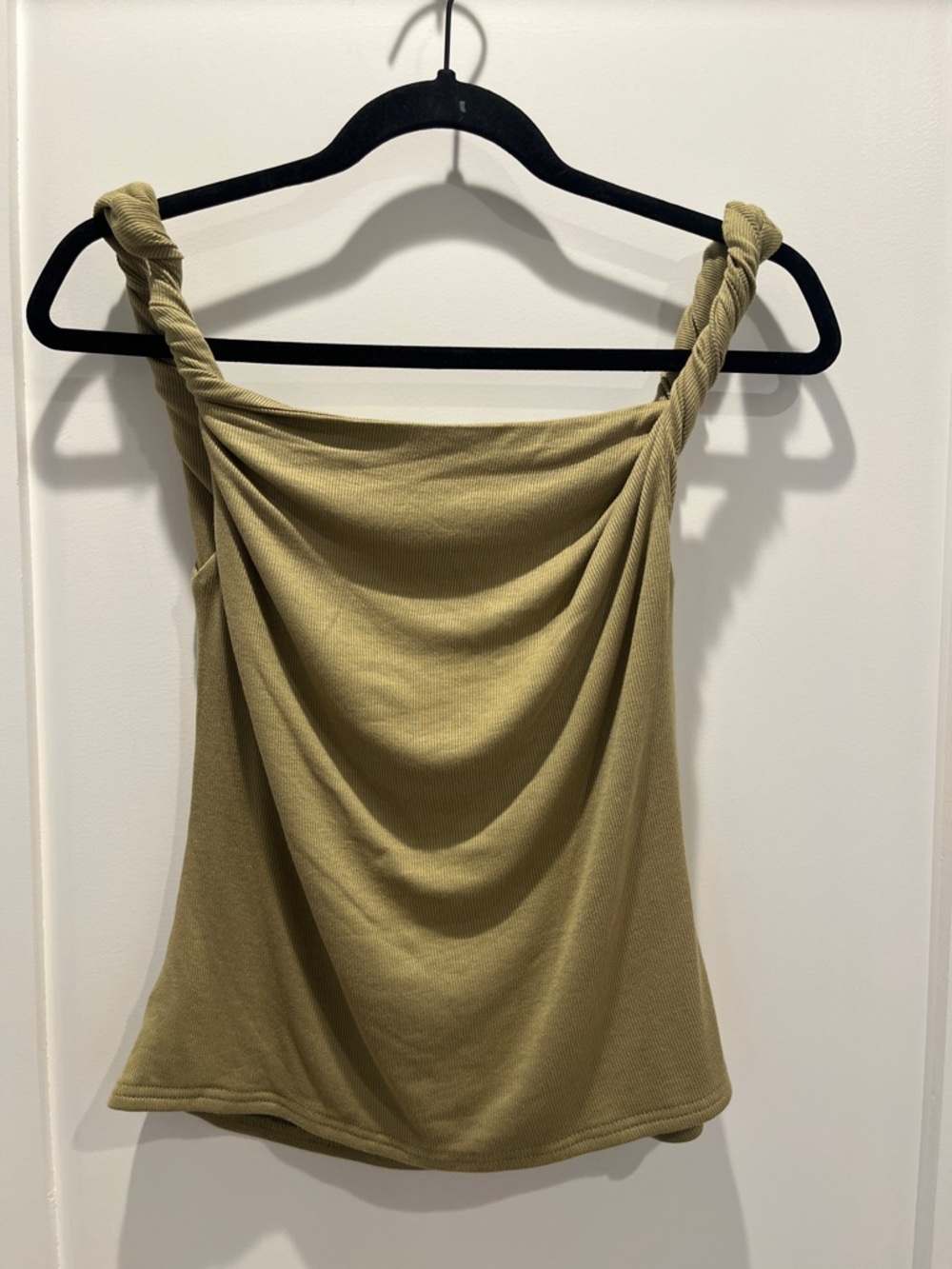 Draped Twisted-Strap Top. Can be worn on or off the shoulder. - Olive